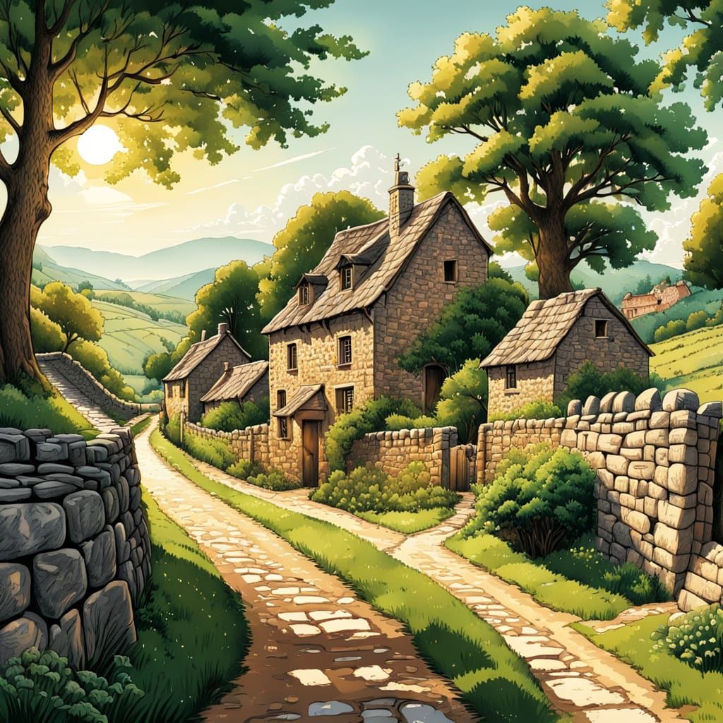 Charming Countryside Village in Detailed Pen Drawing