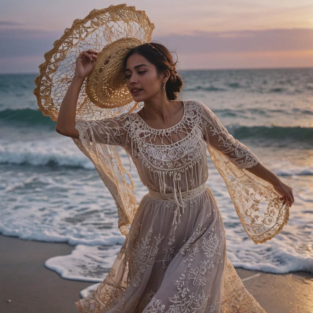 A Woman in Traditional Mexican Finery Dances Under Golden Li...