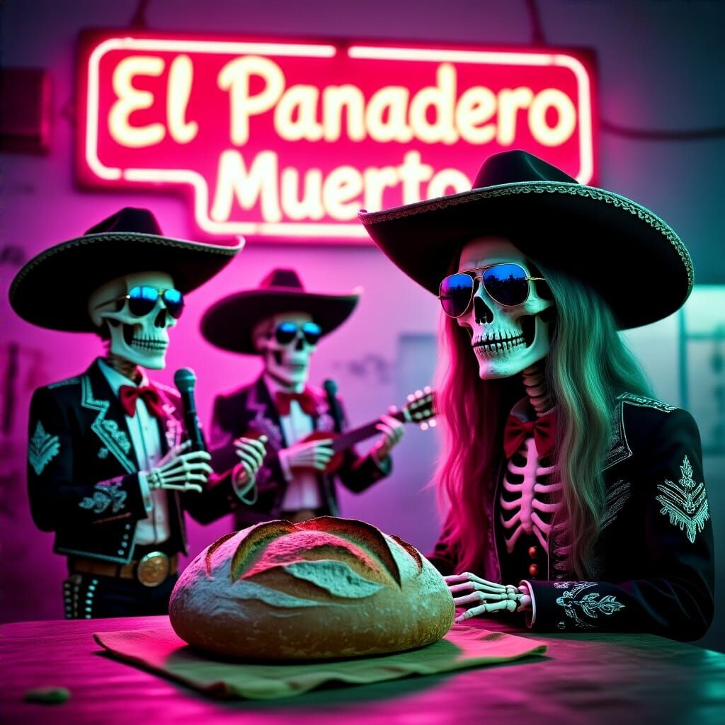 Skeleton Mariachi Band Serenades Bread Under Neon Sign