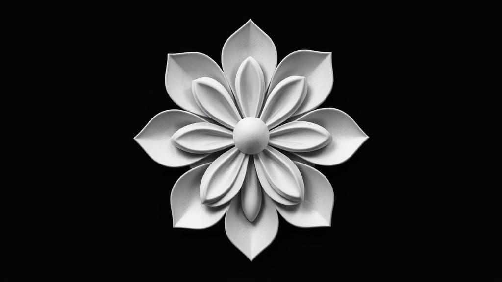 3D Ornamental Flower Design in Black Grayscale Relief