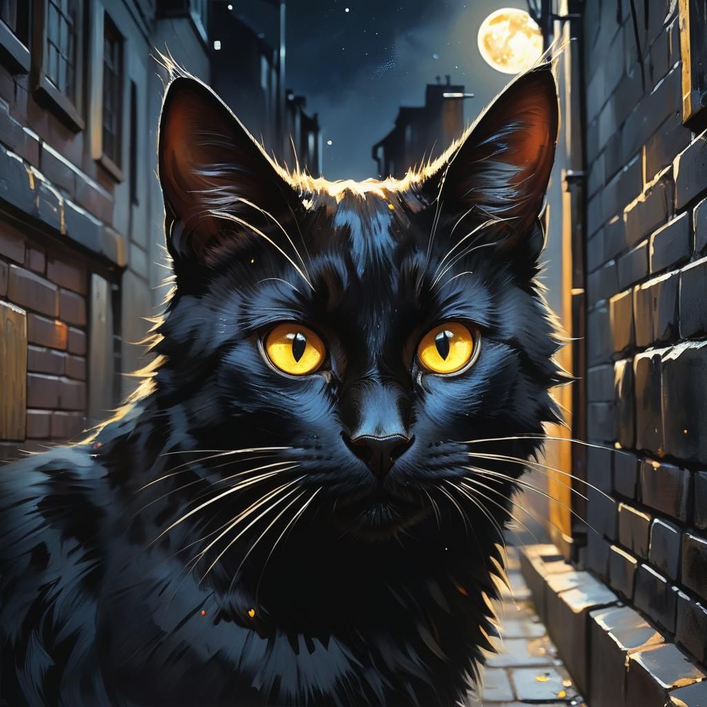 Black Cat Portrait in Anime Oil Painting Style