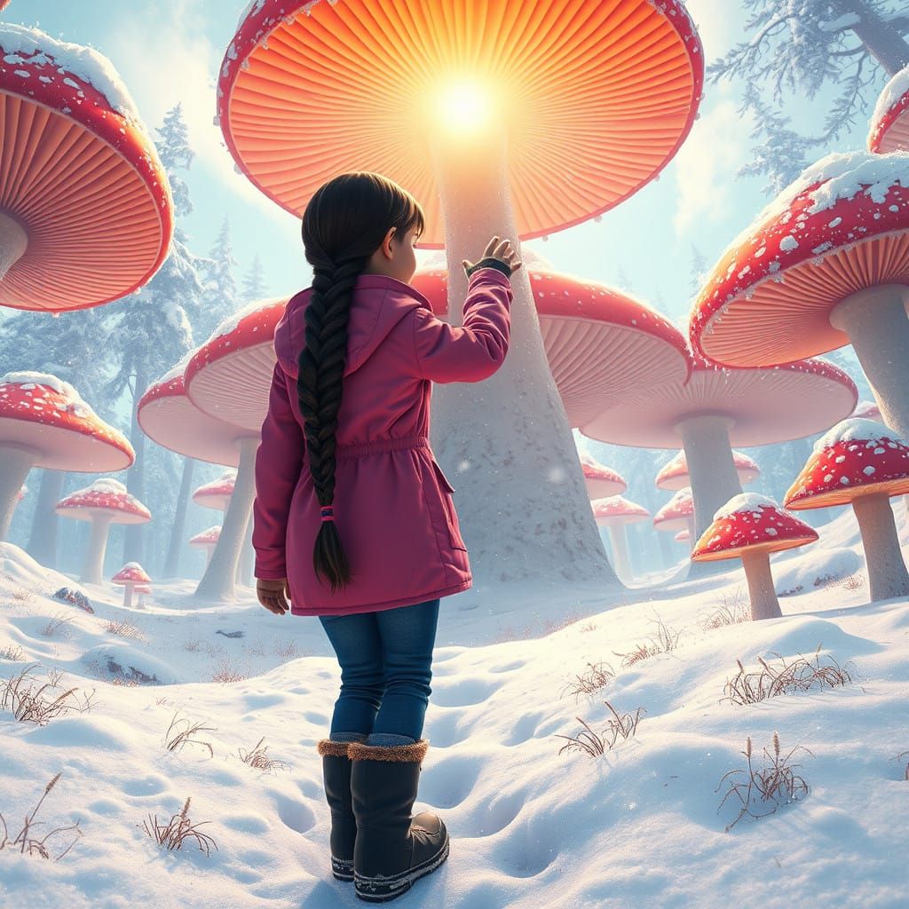 Girl in Vibrant Pink Coat Walks Through Enchanted Mushroom F...