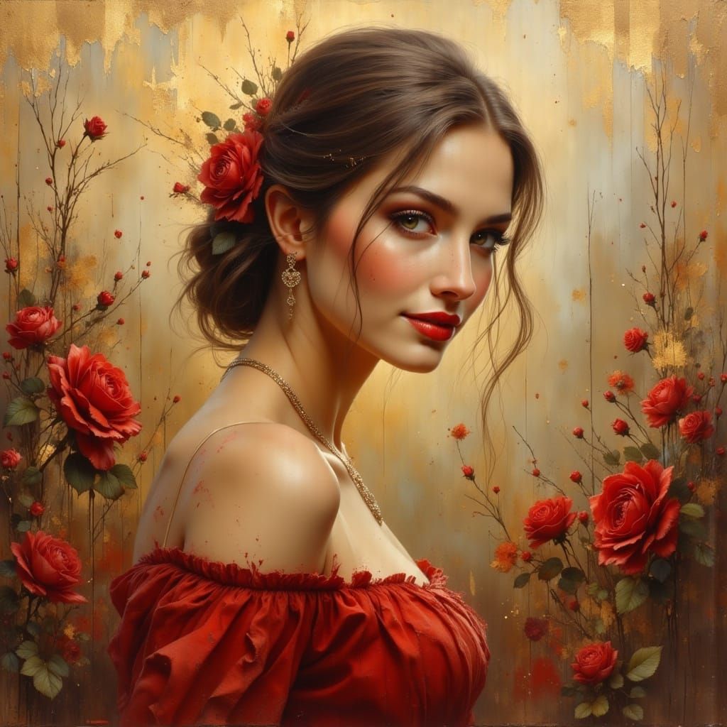 Elegant Lady in Red Dress Amidst Romantic Landscape