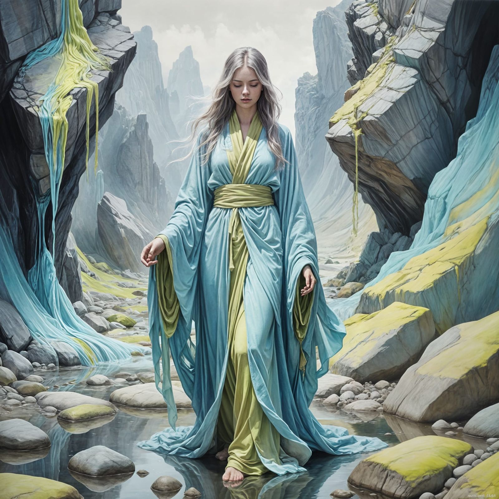 Ethereal Figures Emerge from Rocky Terrain in Soft Pastel Hu...