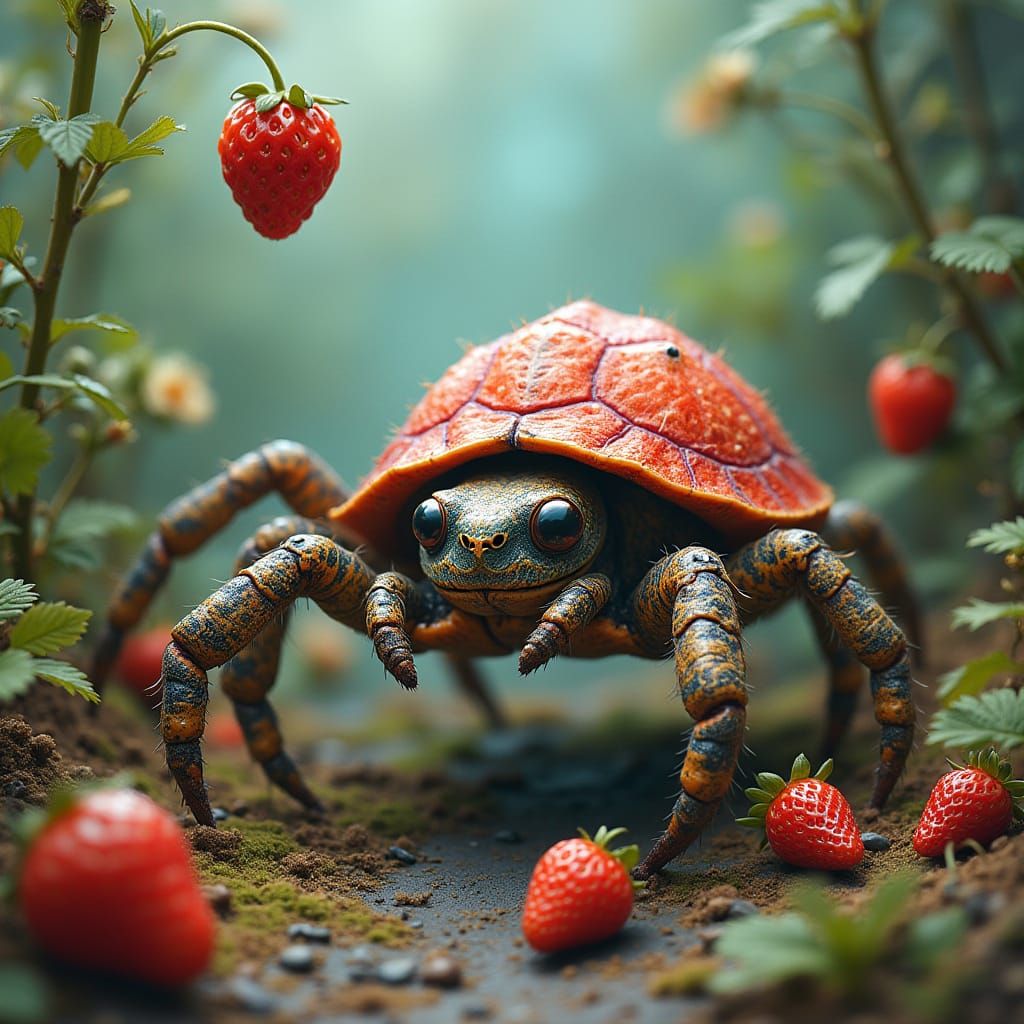 Whimsical Spider Turtle in a Lush Strawberry Wonderland