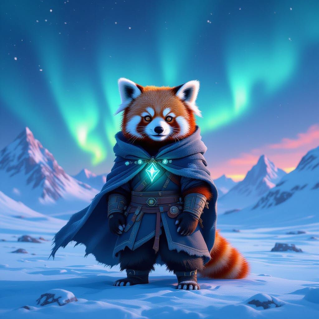 Runic Red Panda on Snowy Plain Under Aurora