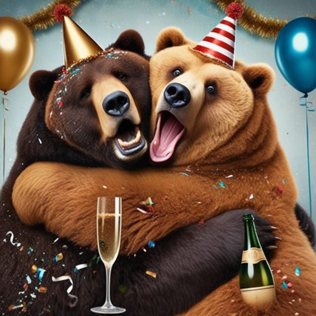 Festive Bear Duo Embracing New Year's Cheer
