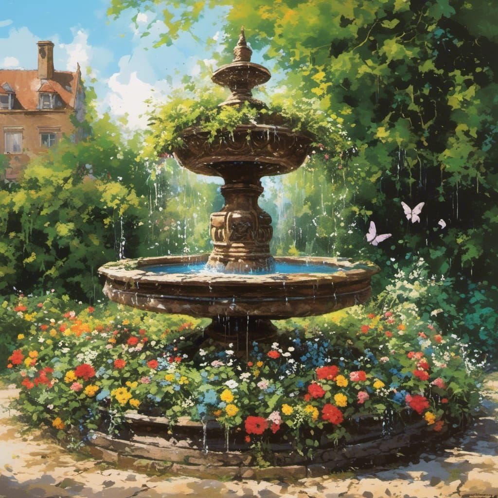 Victorian Fountain in Ghibli Anime Style
