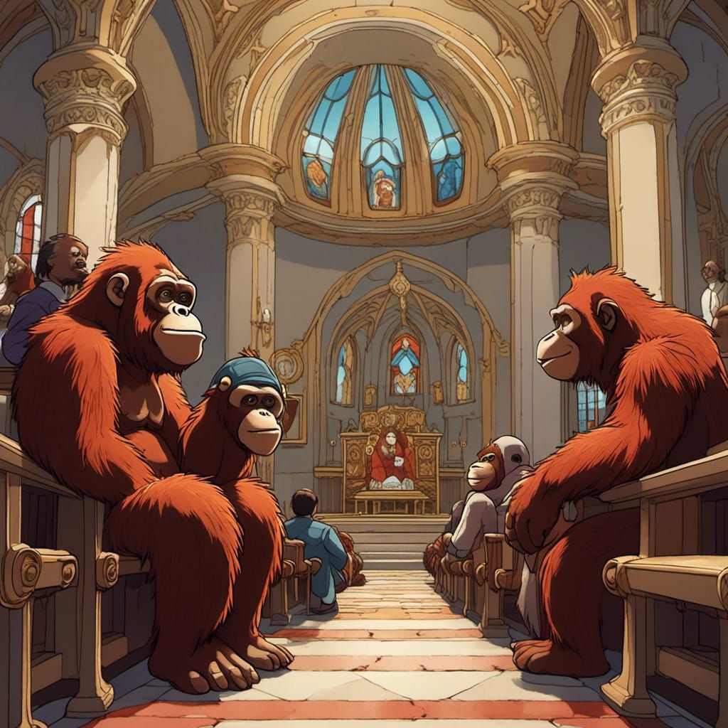<lora:Soft Animals:1.0> A family of humanoid-shaped-orangutans sitting in church. Cinematic film still, shot on v-raptor...