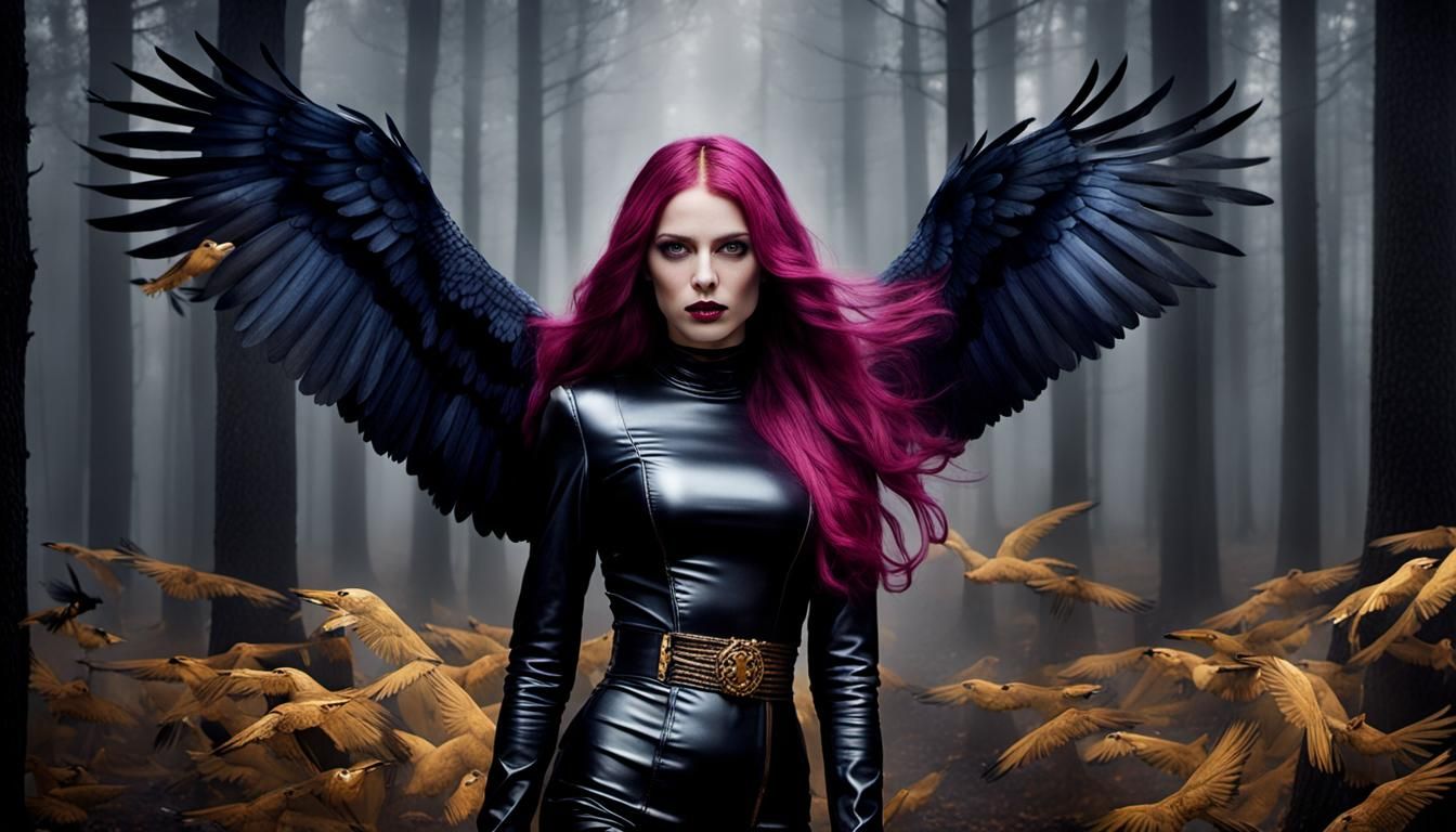 Magenta-Haired Lady with Golden Ravens