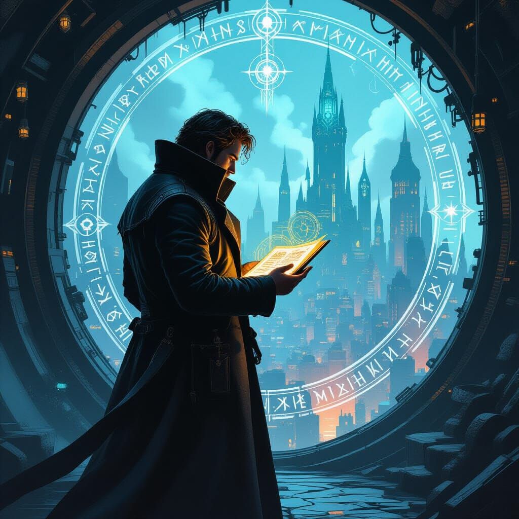 Engineer Deciphers Runes in Mystical Cityscape
