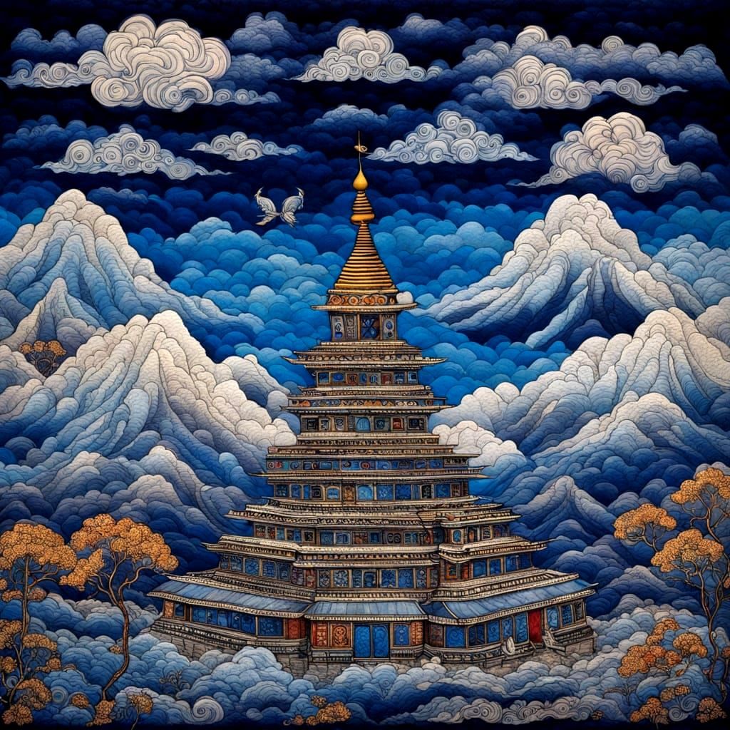 Tibetan Village Embroidered Masterpiece in Vibrant Colors