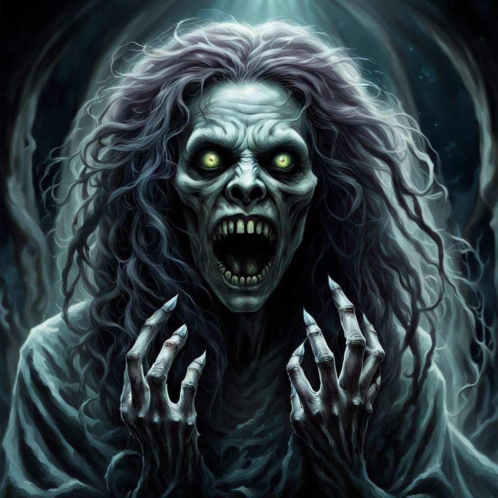 Eerie Spectral Woman Emerges from Crypt