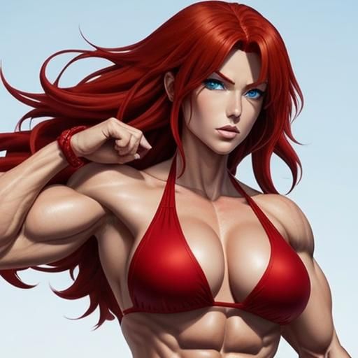 Giant Red-Haired Anime Woman Flexing