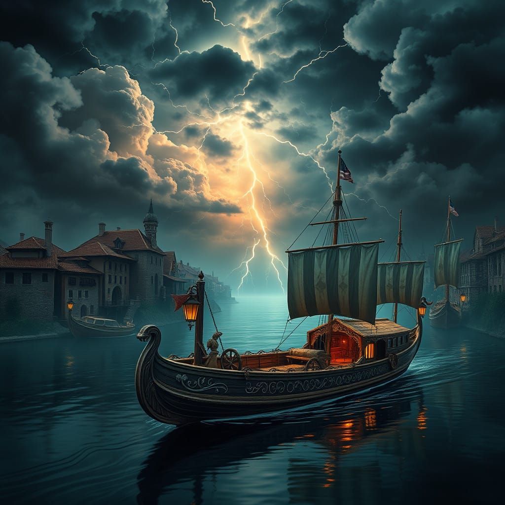 Surreal Riverboat Scene in Airbrush Style