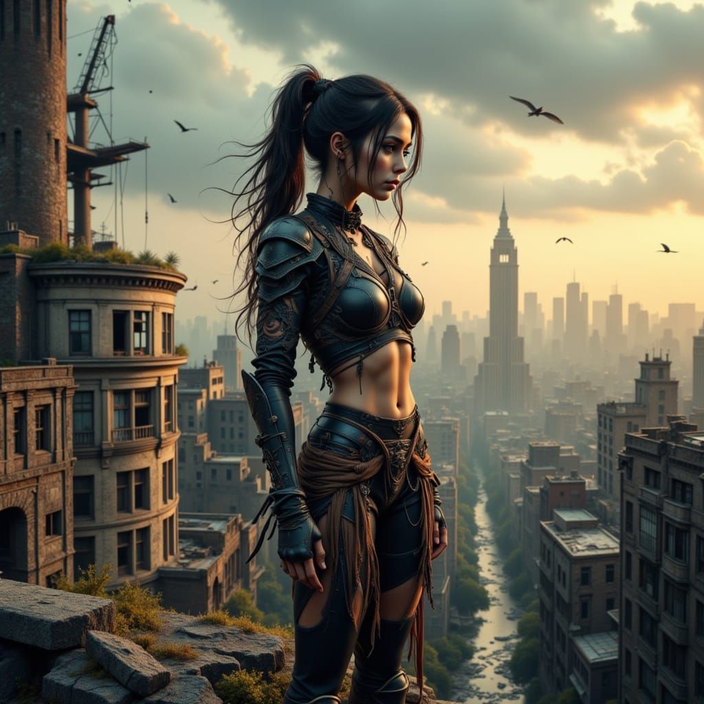 Cyberpunk Warrior Embracing Twilight in a Crumbling Metropol...
