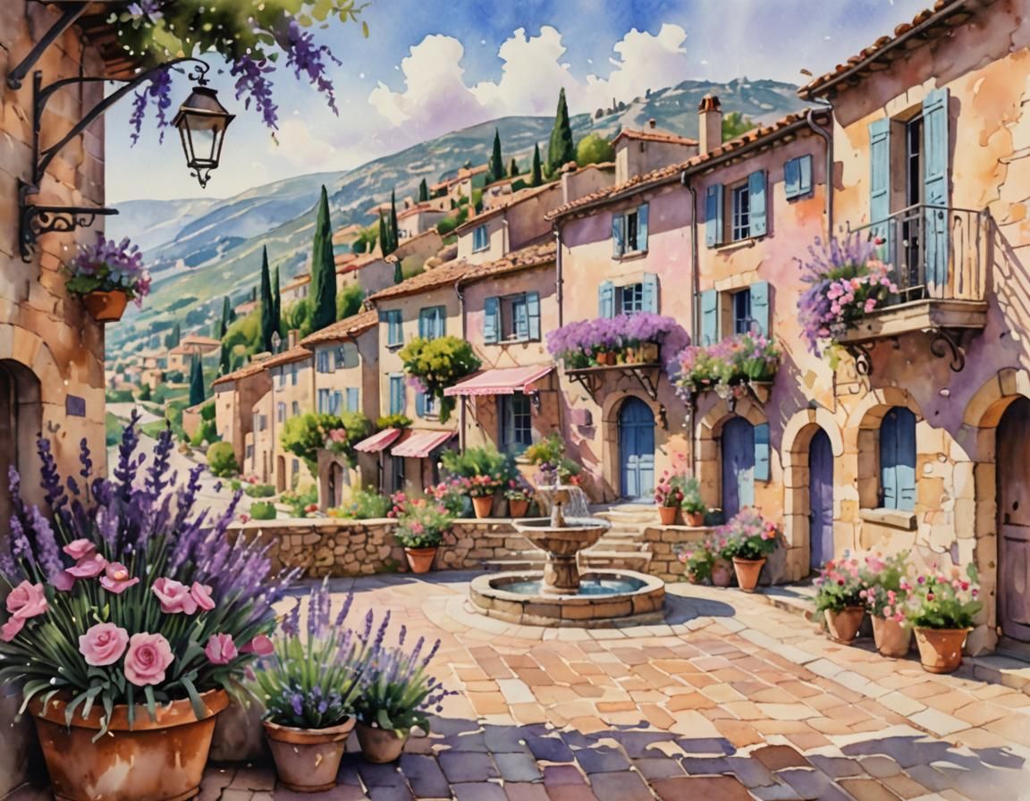 Impressionist Village Scene in Watercolor Style