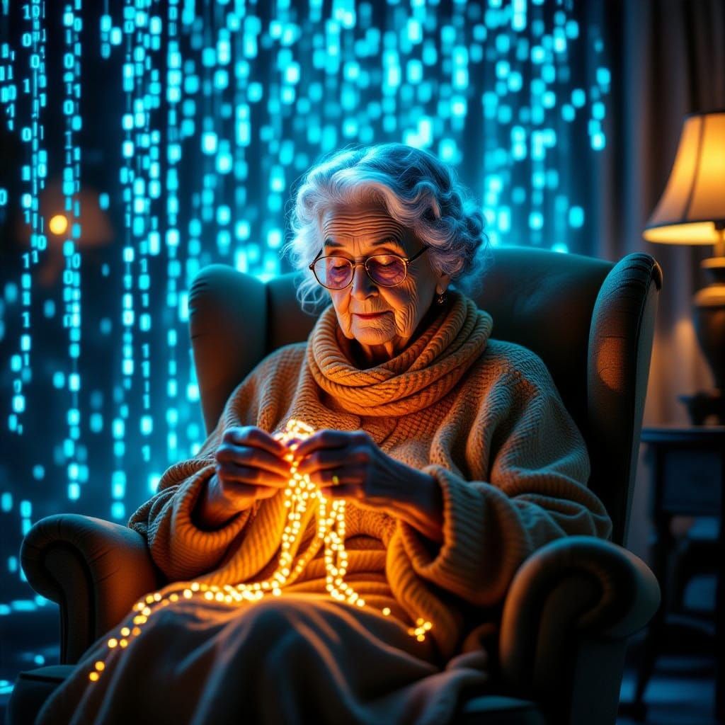 Cosmic Grandma Knits Digital Scarf in Retro-Futuristic Room