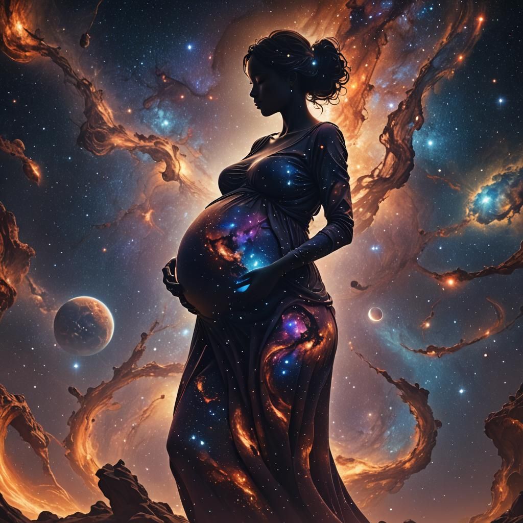 Cosmic Mother Silhouette with Gemini Twins