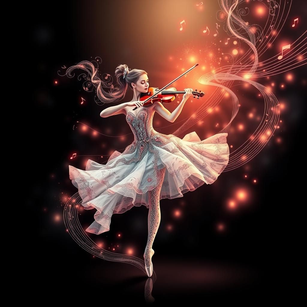 Ballerina Dancing with Violin, Glowing Music Notes