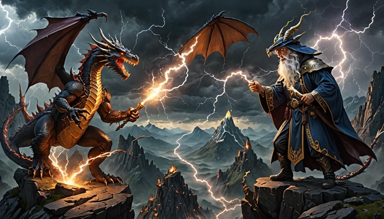Wizard and Dragon Lightning Battle on Mountain
