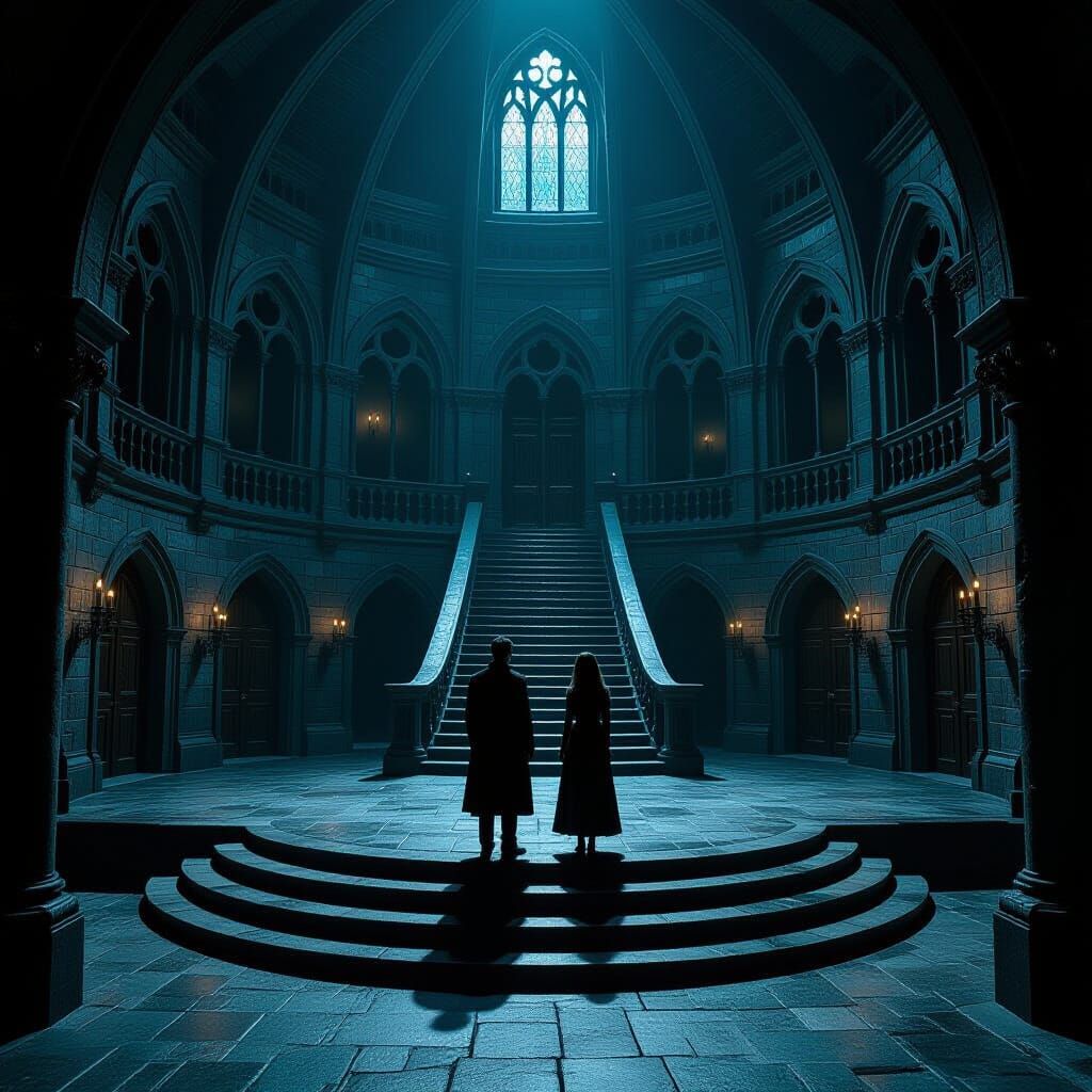 Ominous Gothic Hall with Seven Doors