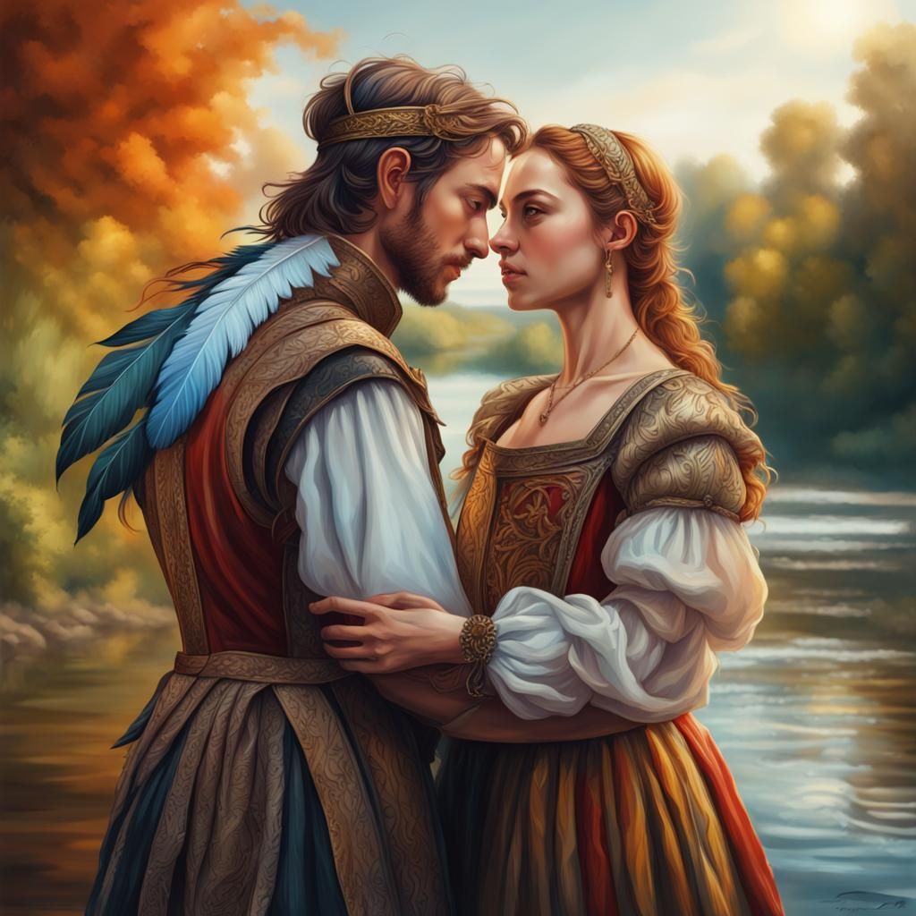 Renaissance Love Scene on Riverbank: Hyperrealistic Art
