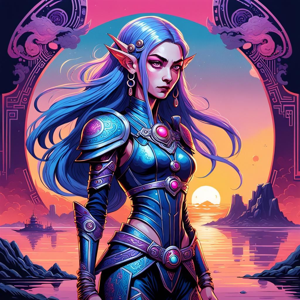 Futuristic Elf Mercenary in Art Nouveau Style