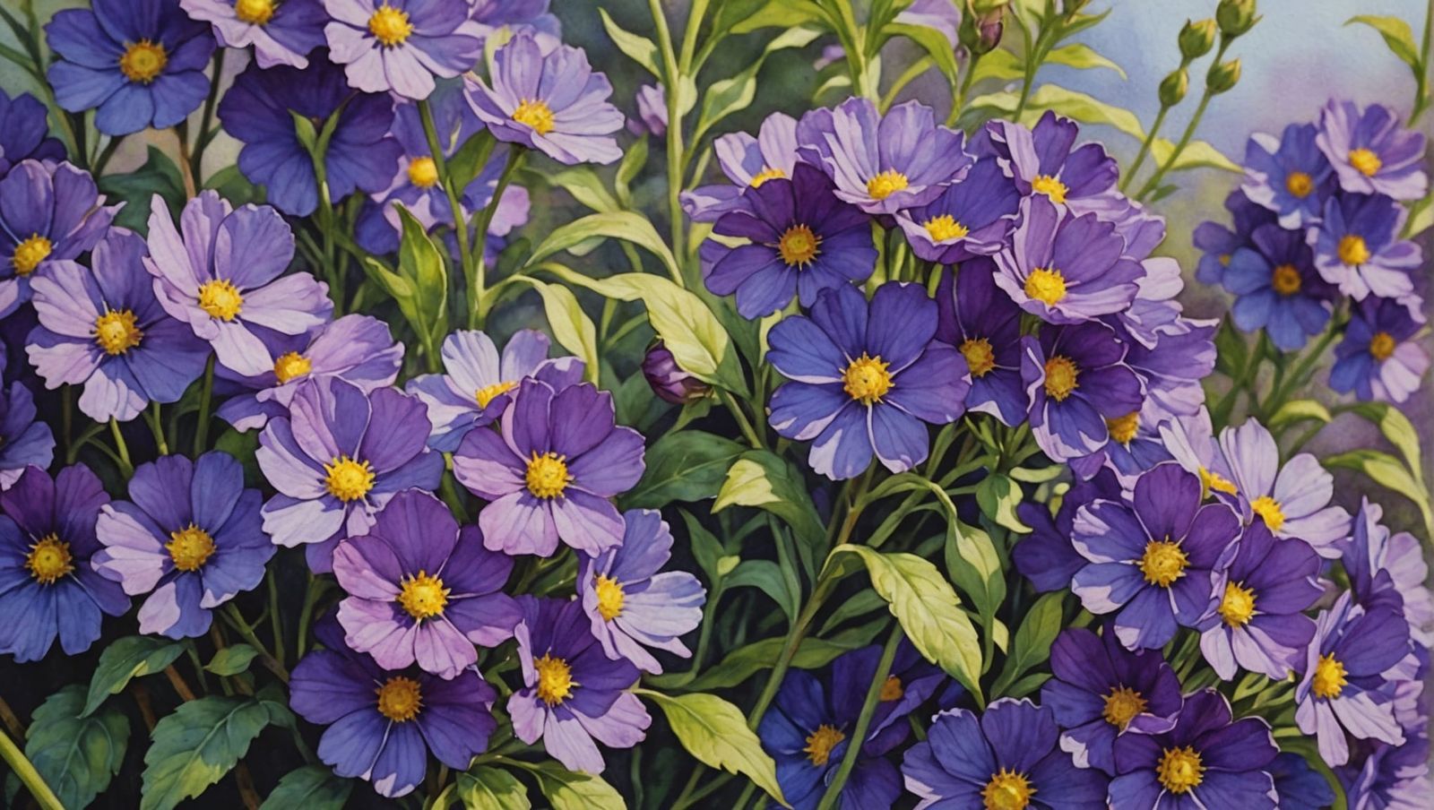 Purple Flowers in Gouache Style Watercolor Painting