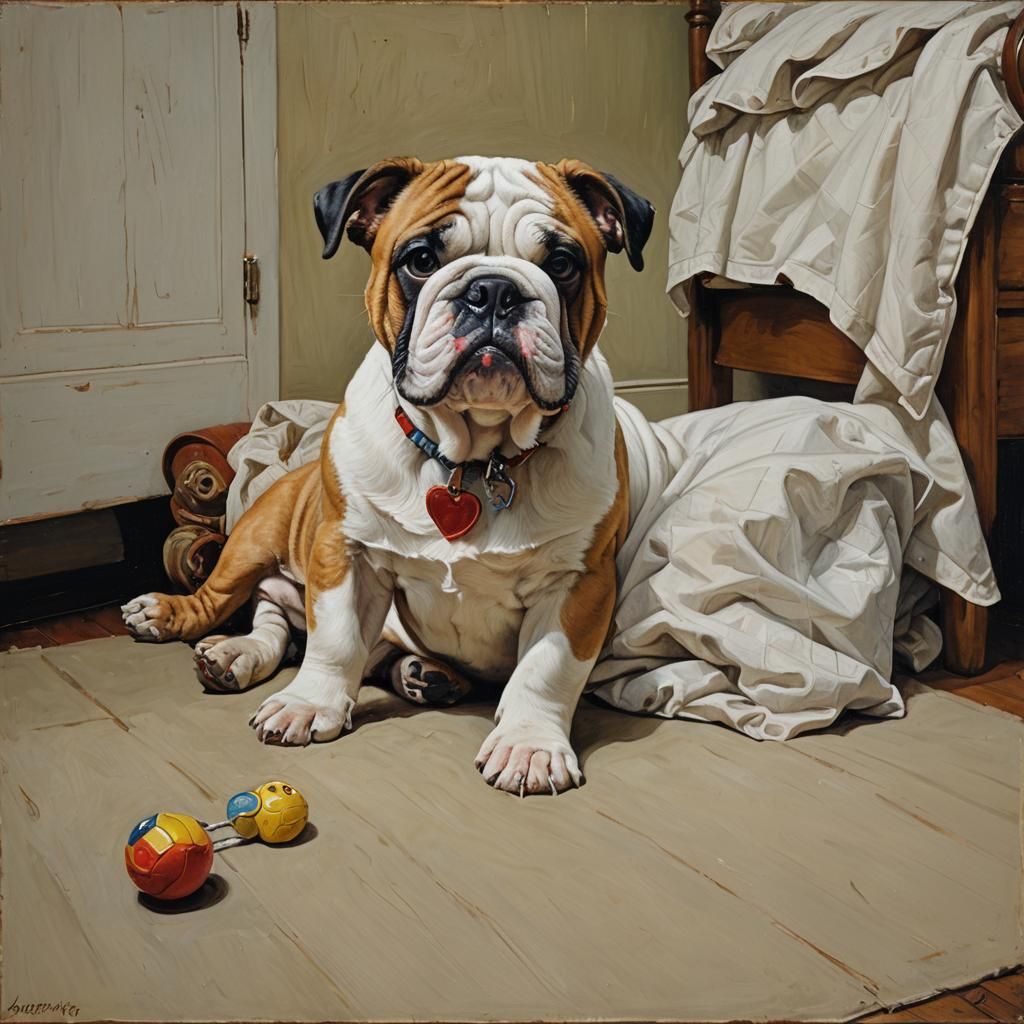 English Bulldog Guarding Baby in Oil Painting