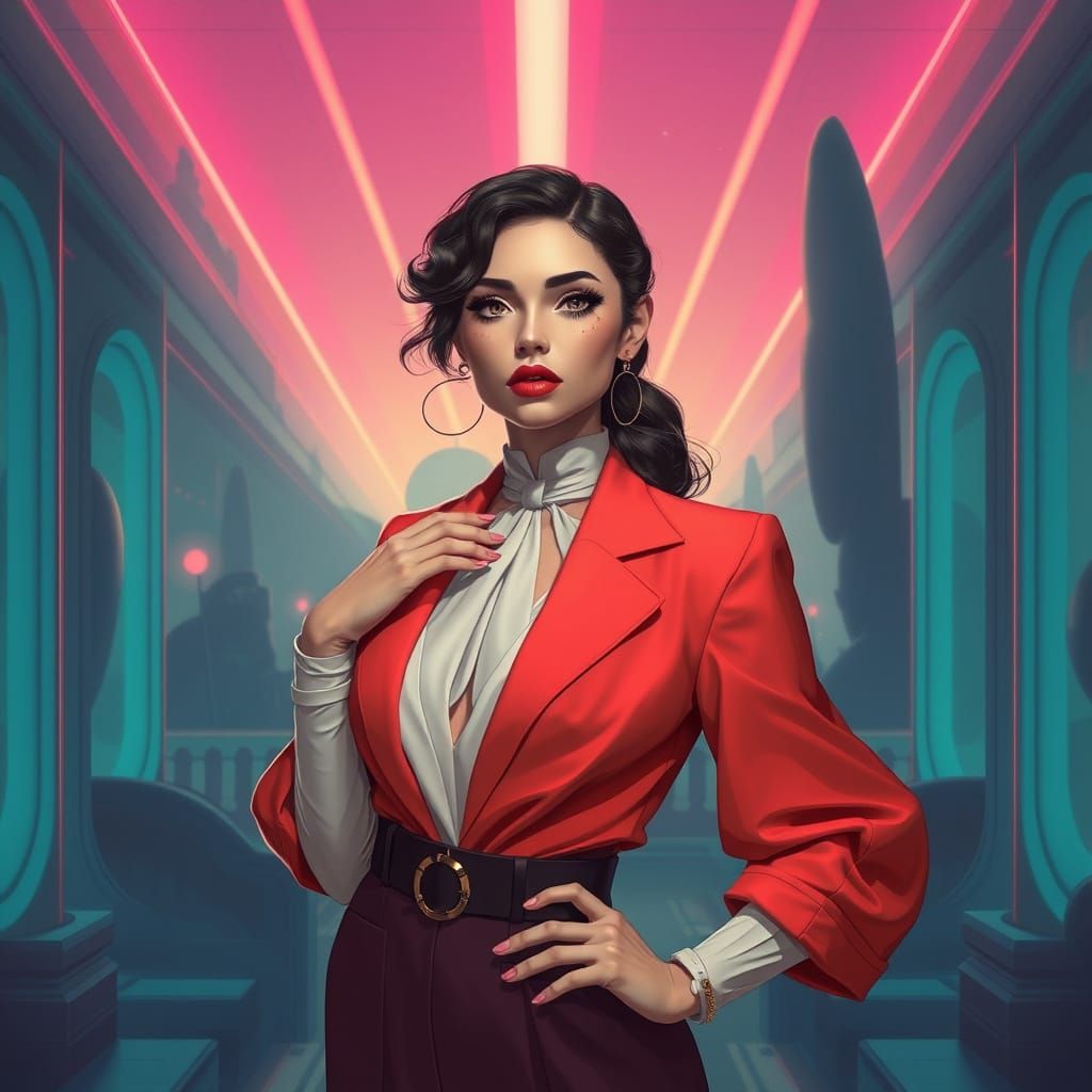 Elegant Woman in Futuristic Landscape Art Style