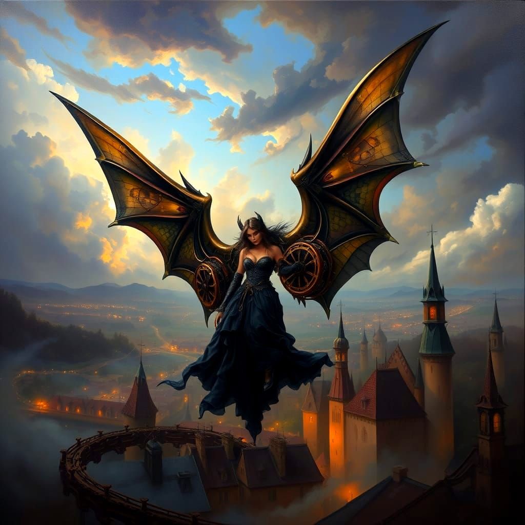 Steampunk Woman with Mechanical Wings Over Medieval Town