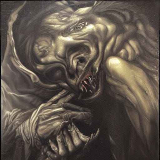 Grotesque Mythic Figure Consuming Child: Chiaroscuro Oil Pai...