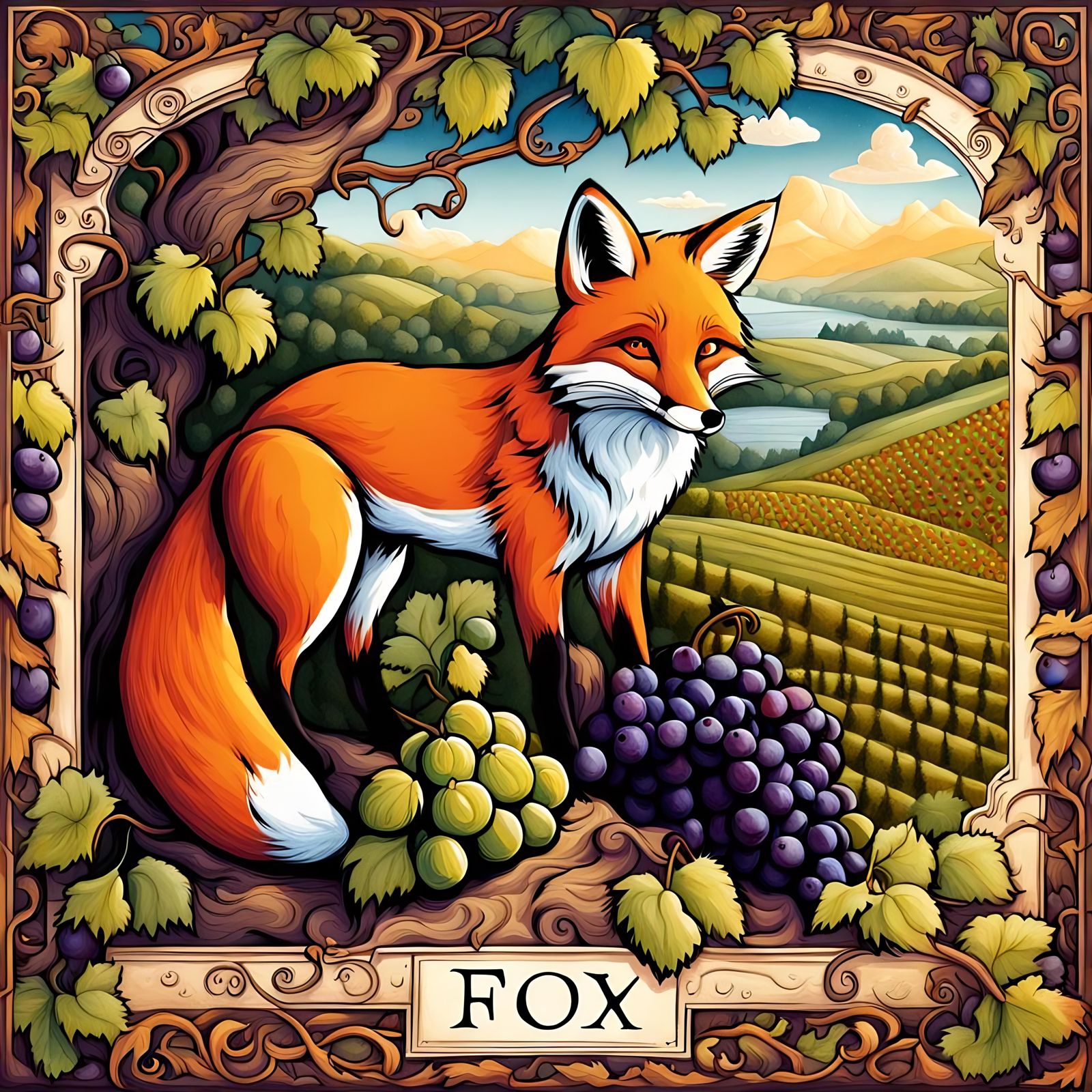 Fox and Grapes Fable in Storybook Illustration Style