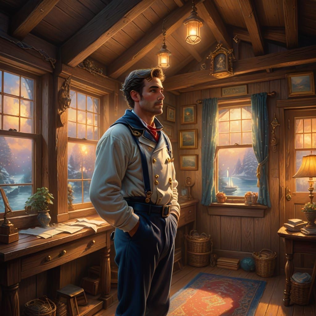 Sailor in Cozy Room, Thomas Kinkade Style