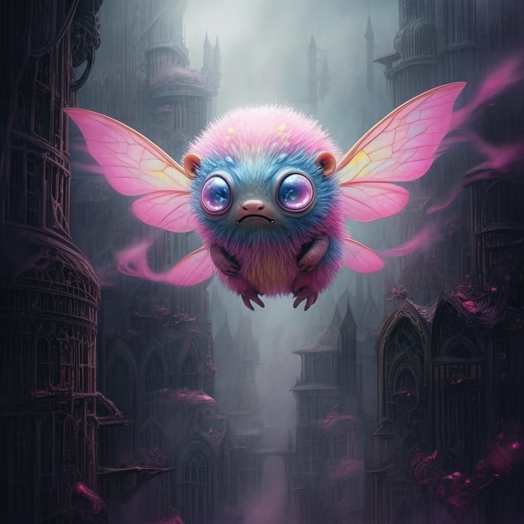 Irate Pastel Creature in Dystopian Cityscape