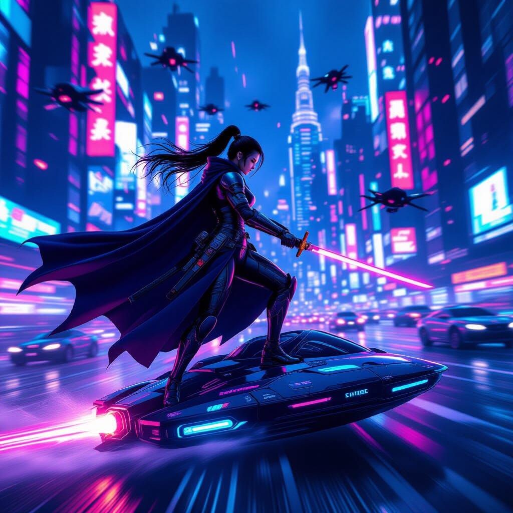 Cyberpunk Samurai Warrior Slices Drones in Neon Cityscape