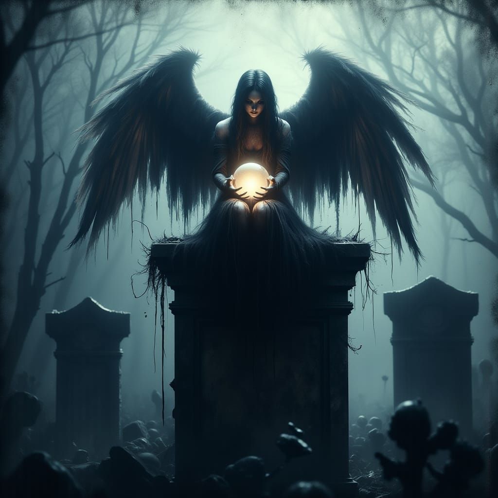 Dark Gothic Fairy perches atop Ancient Tombstone in Haunting...