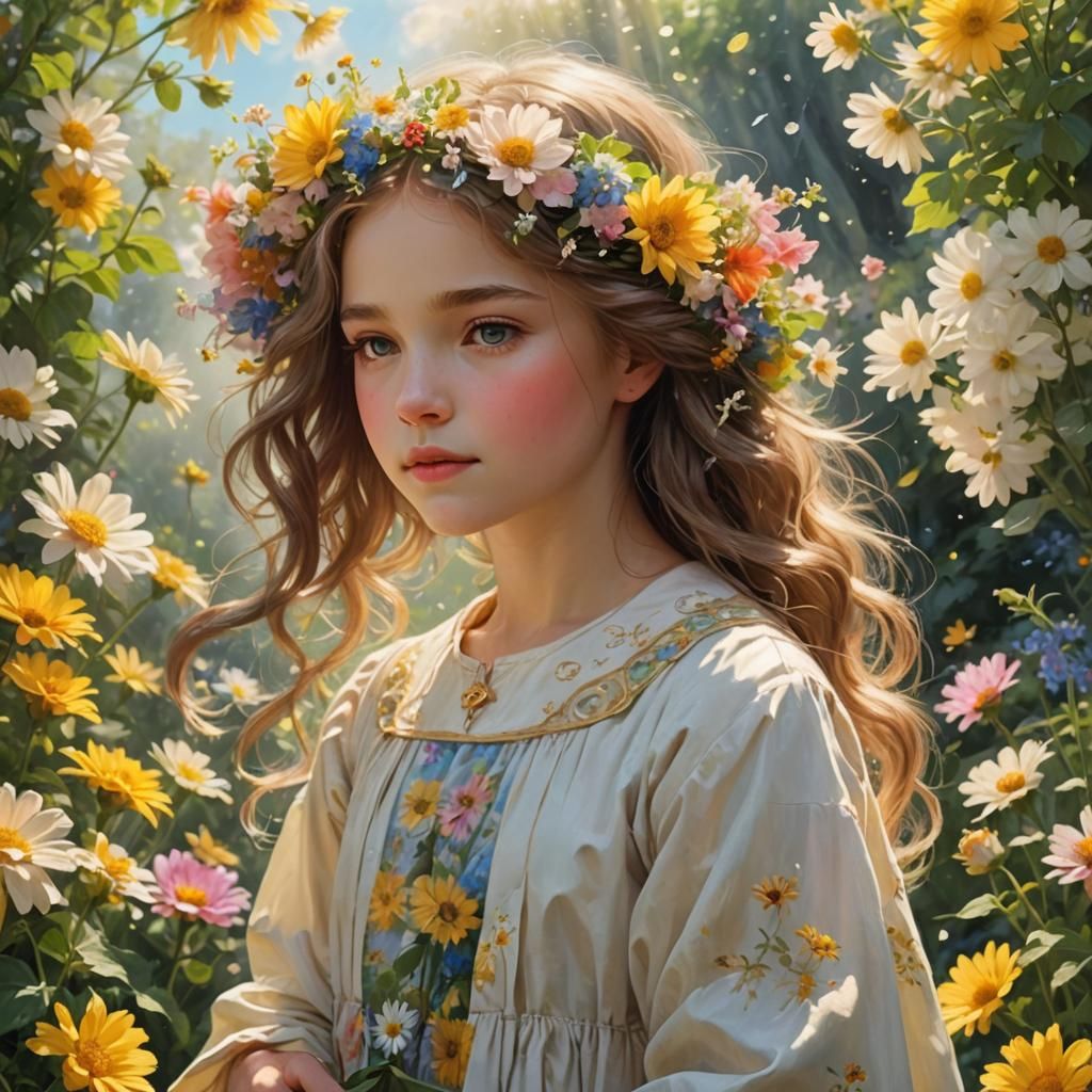 Girl in Sunlit Garden with Flowers