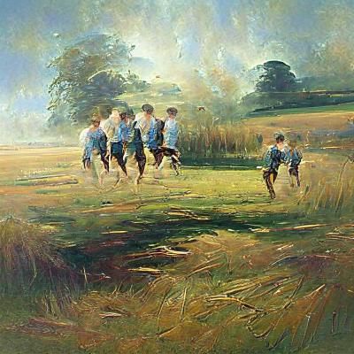 Boys Running Through Field in Oil Painting Style