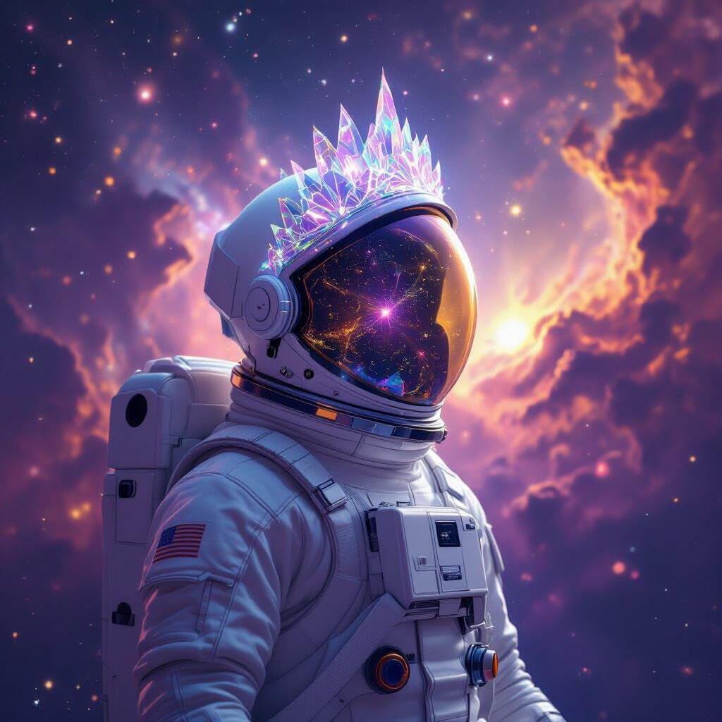 Astronaut with Crystalline Crown in Cosmic Nebula
