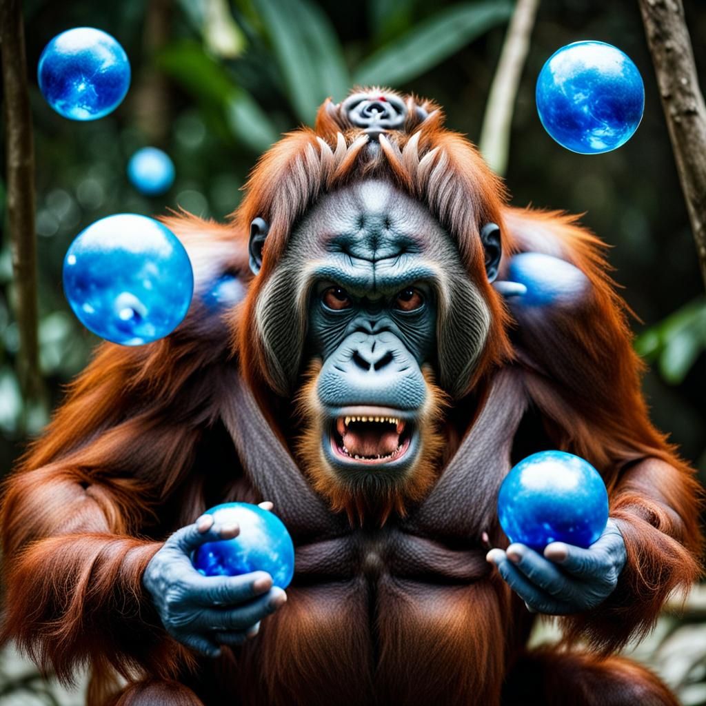 Three-Headed Orangutan Juggling Blue Fireballs