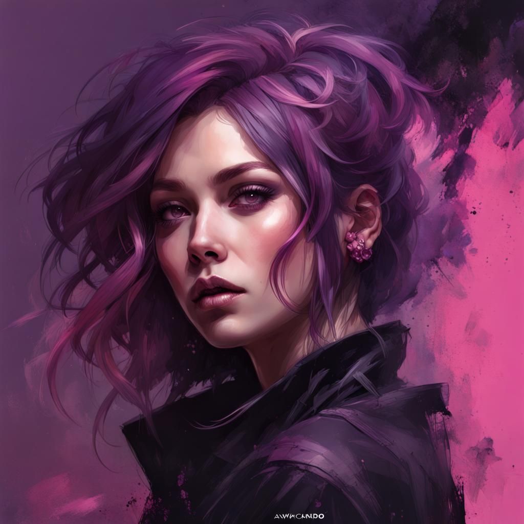 Purple, pink and black Portrait of gorgeous woman with PURPLE, BLACK, PINK, hair