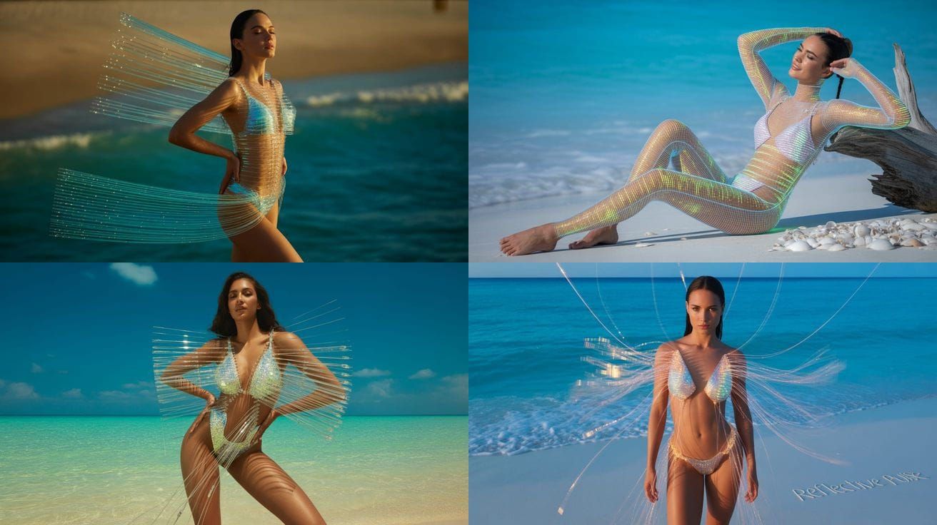 Futuristic Fiber Optic Swimsuit on Sunny Beach