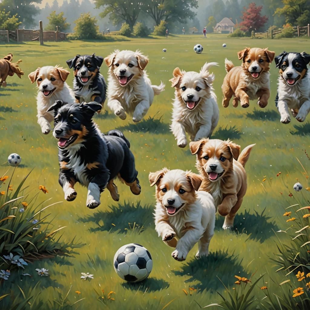 Puppies Playing Soccer in Ethereal Oil Painting Style