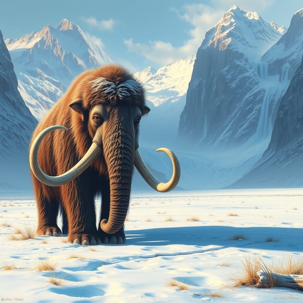 Woolly Mammoth Grazing in Snowy Valley, Realistic Style
