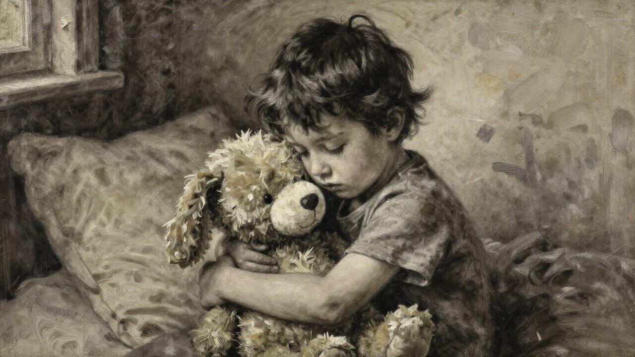 Child Hugs Beloved Toy in Warm Bedroom Light