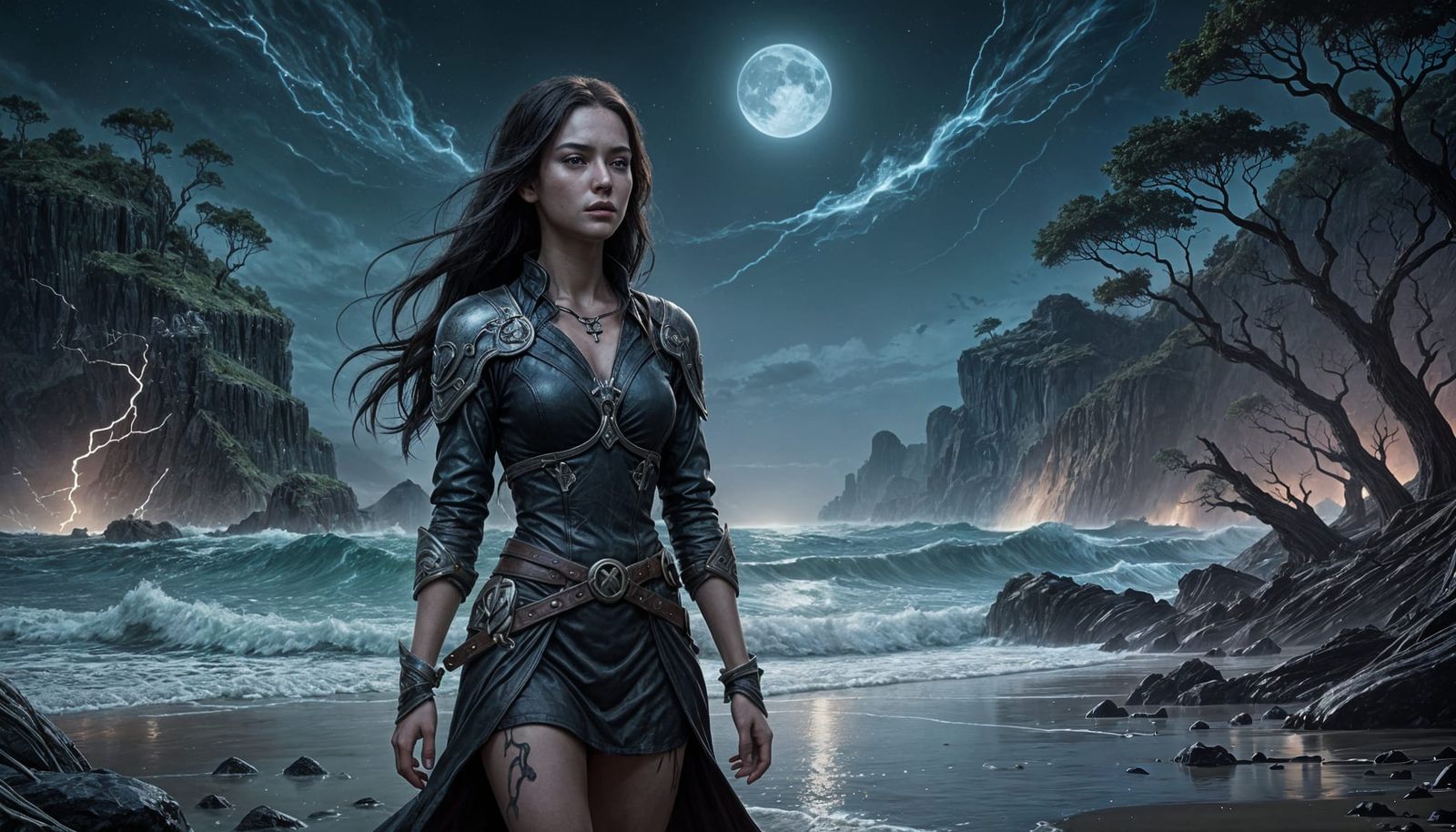 Dark Fantasy Woman on Obsidian Beach Under Twin Moons