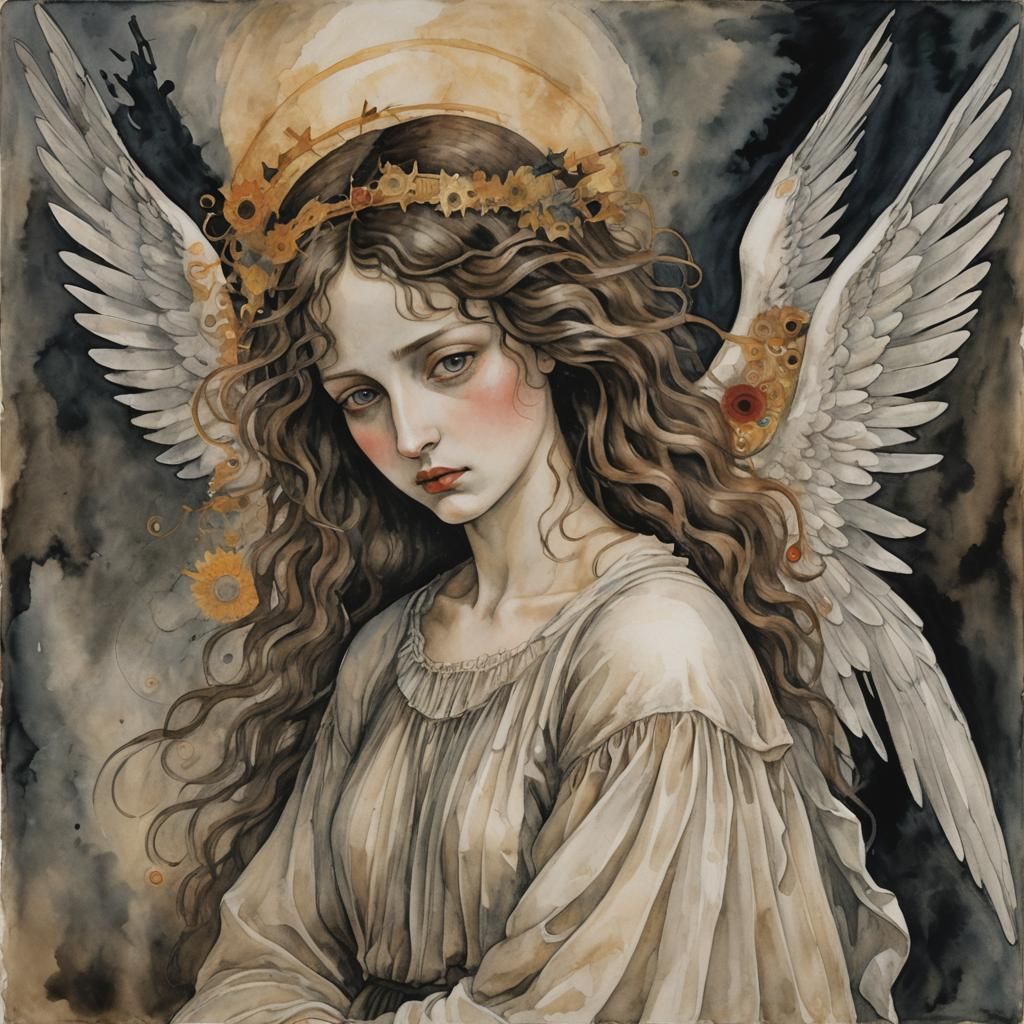 Melancholy Angel of AI Horror in Watercolor Style