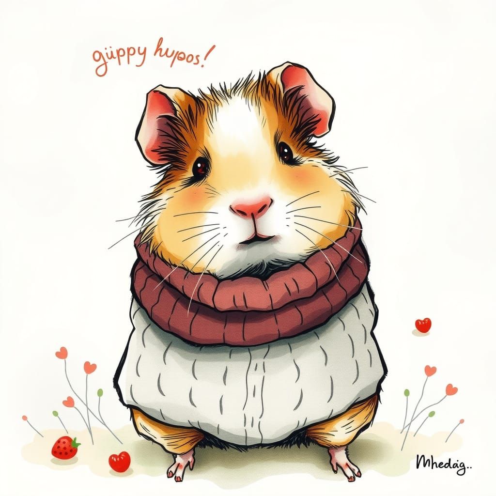 Guinea Pig's Whimsical Greeting: Ink and Watercolor Art